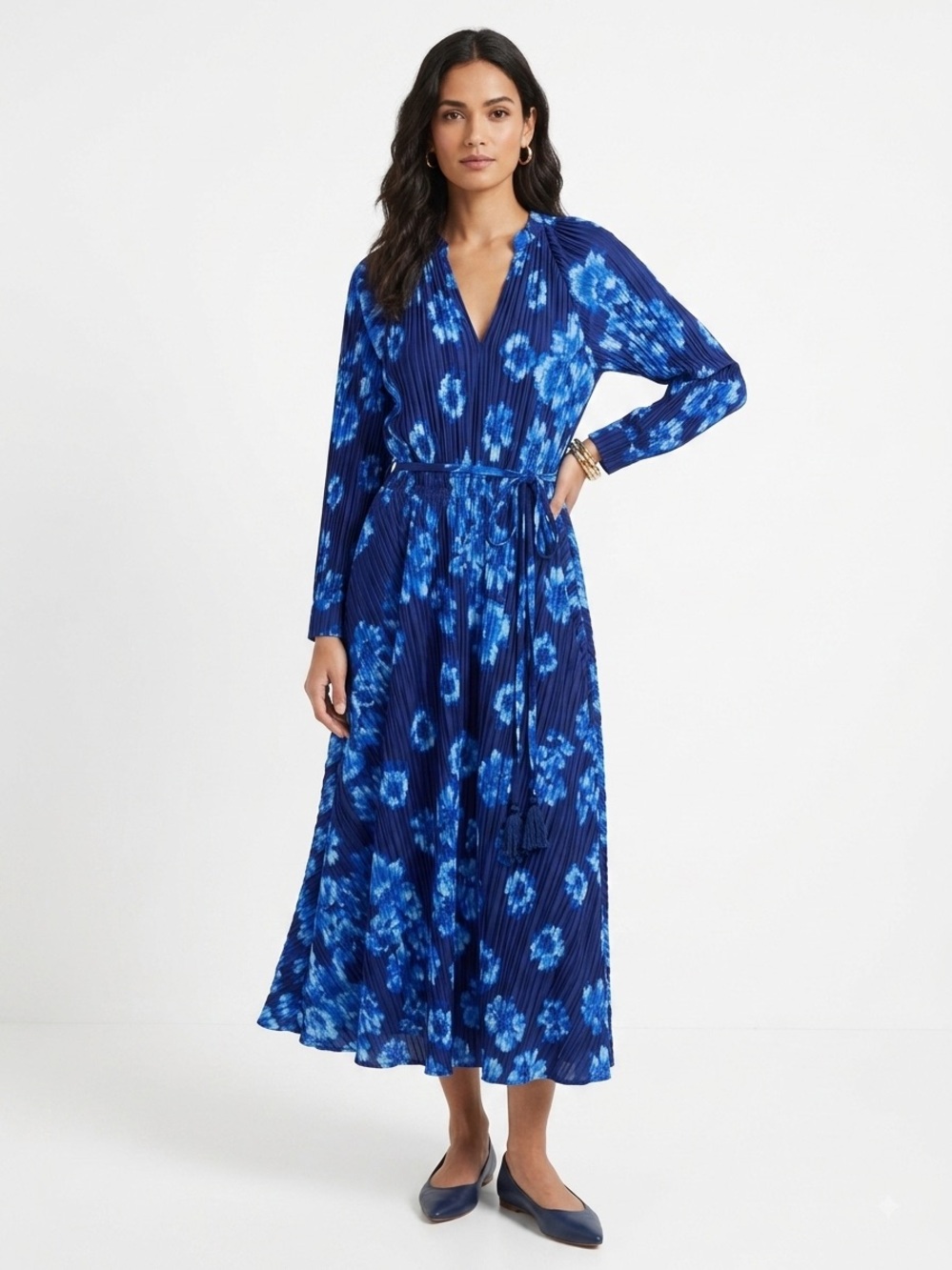 Scoop NYC Blue Floral Long-Sleeve Pleated Wrap Dress